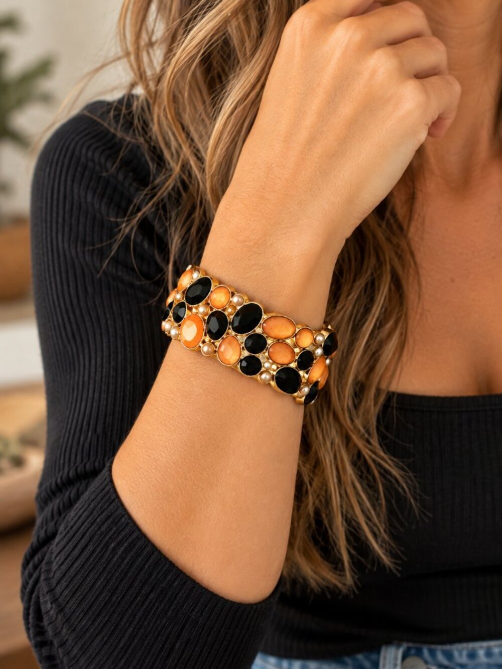 Vintage Inspired Gold Tone Black Orange Rhinestone Statement Cuff Bracelet